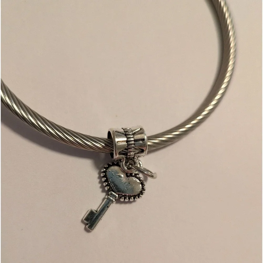 Silver Heart Key Dangle Charm for Bracelet Beaded Texture Romantic Jewelry